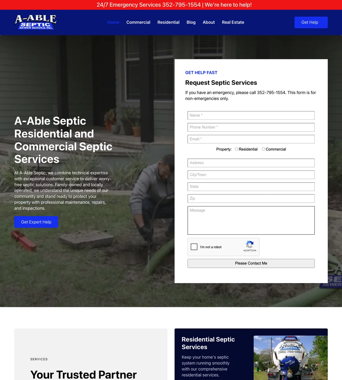 Screenshot of the A-Able Septic website designed by Anchorlynk