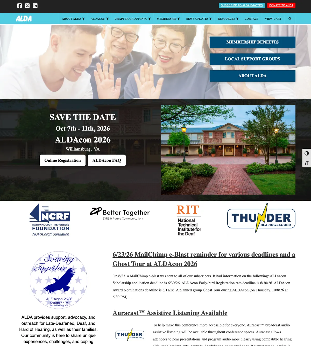 Screenshot of the Association of Late-Deafened Adults website designed by Anchorlynk