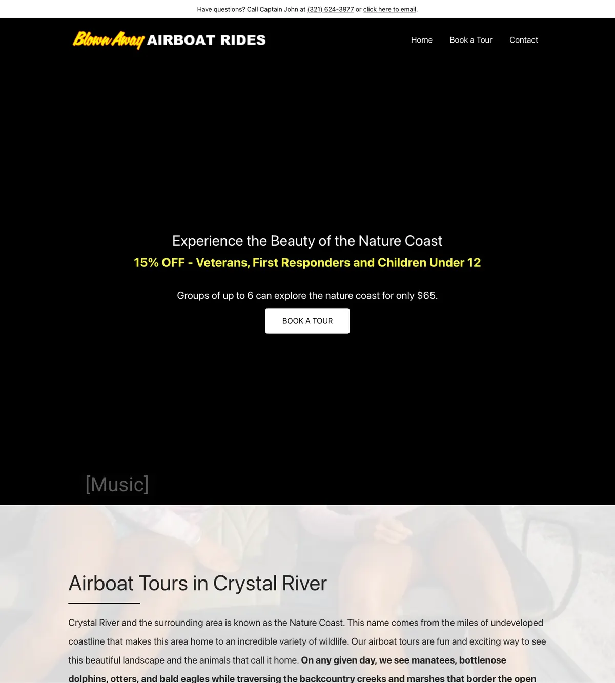 Screenshot of the Blown Away Airboat Rides website designed by Anchorlynk