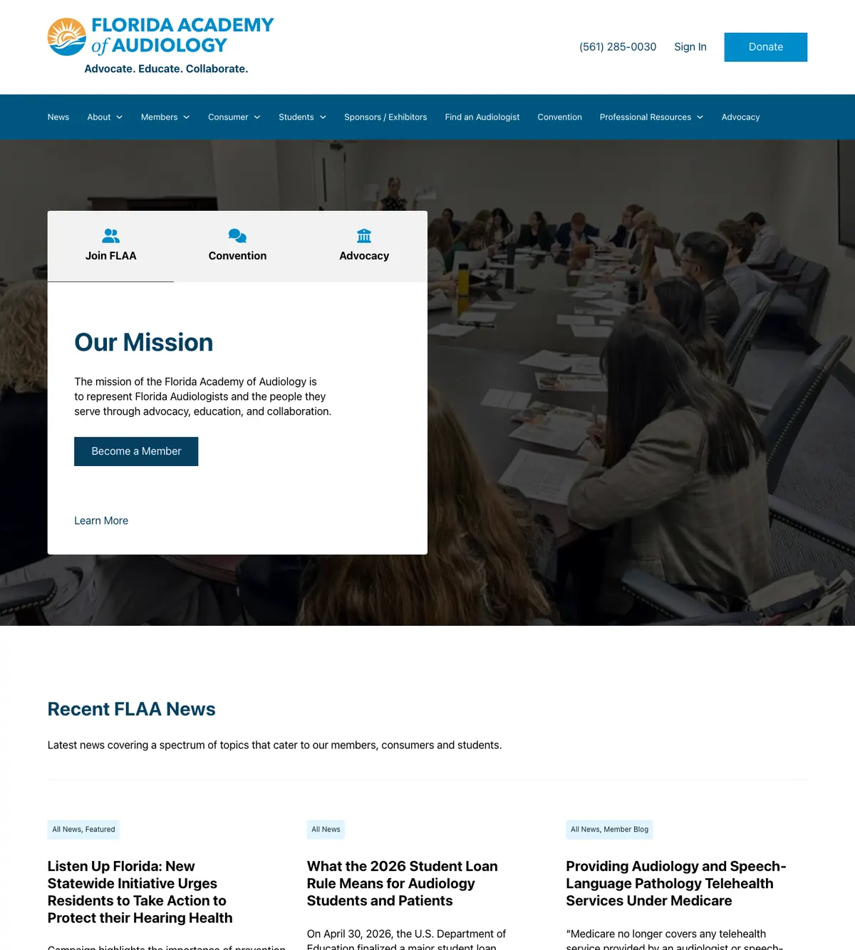 Screenshot of the Florida Academy of Audiology website designed by Anchorlynk
