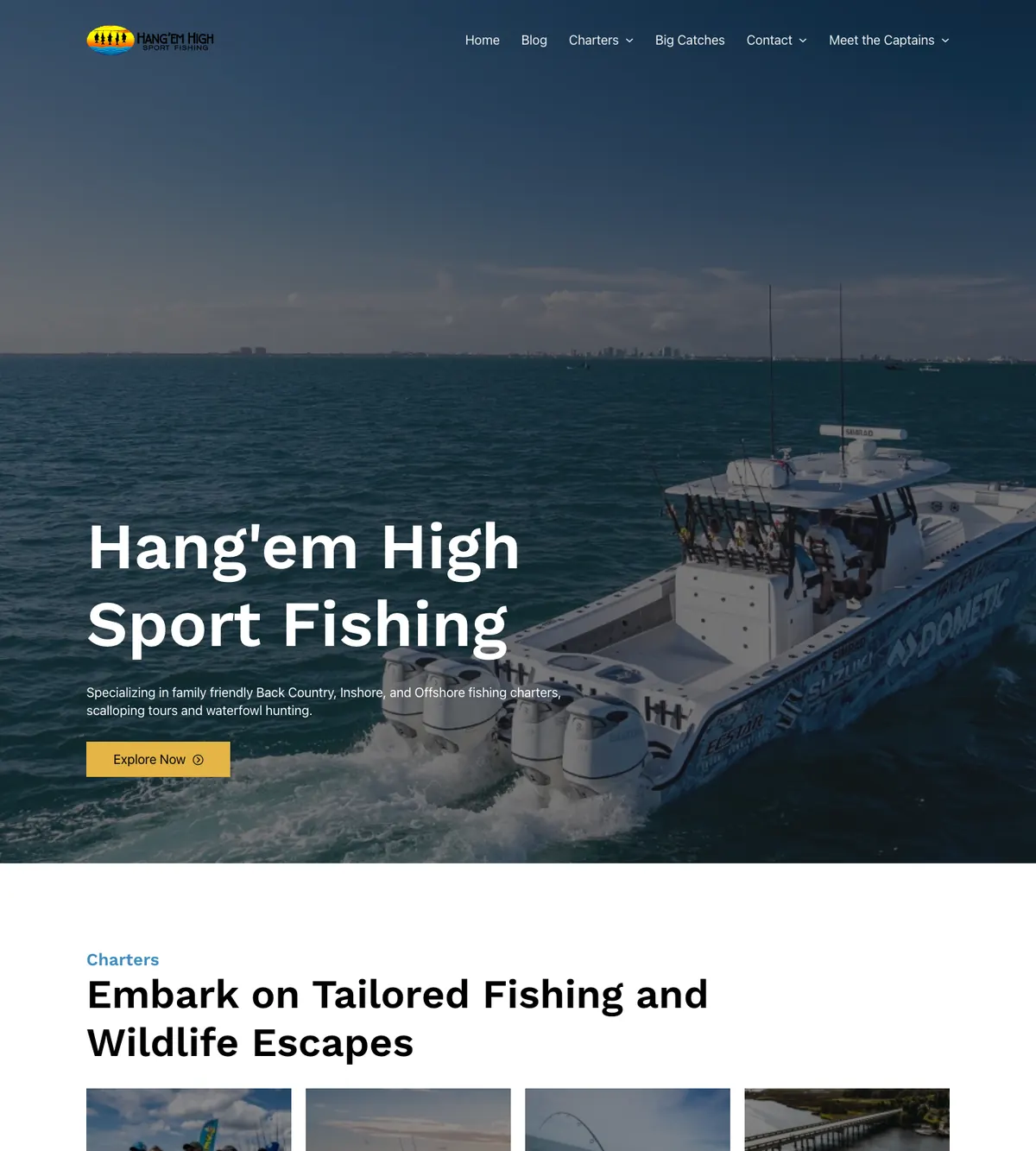 Screenshot of the Hang'em High Sport Fishing Charters website designed by Anchorlynk
