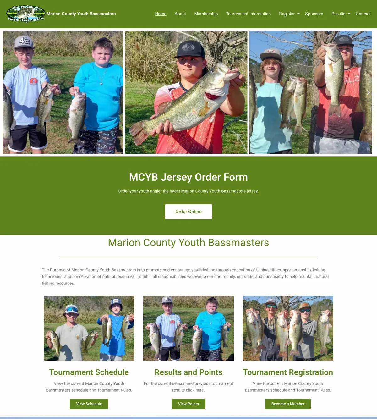 Screenshot of the Marion County Youth Bassmasters website designed by Anchorlynk