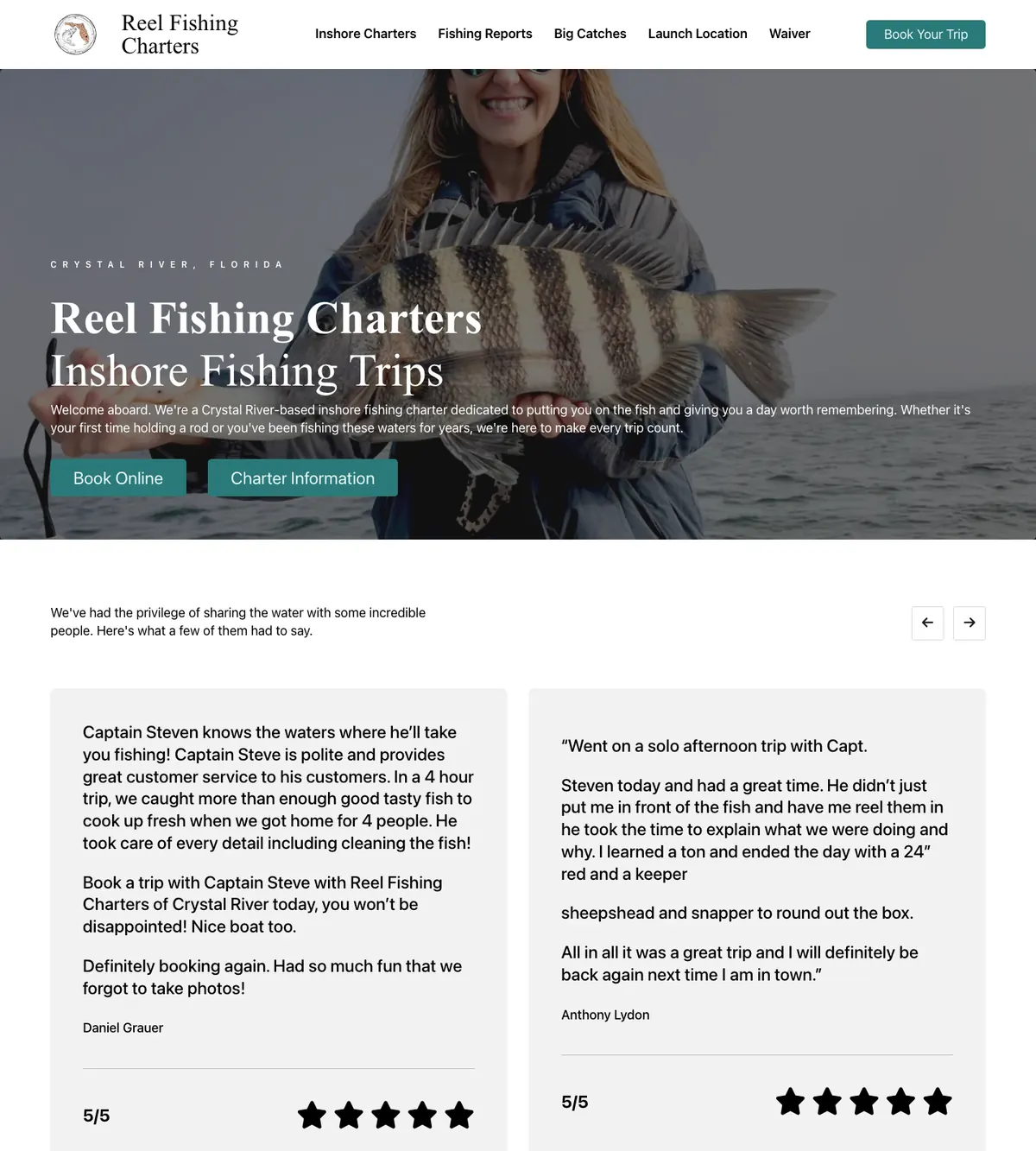 Screenshot of the Reel Fishing Charters website designed by Anchorlynk
