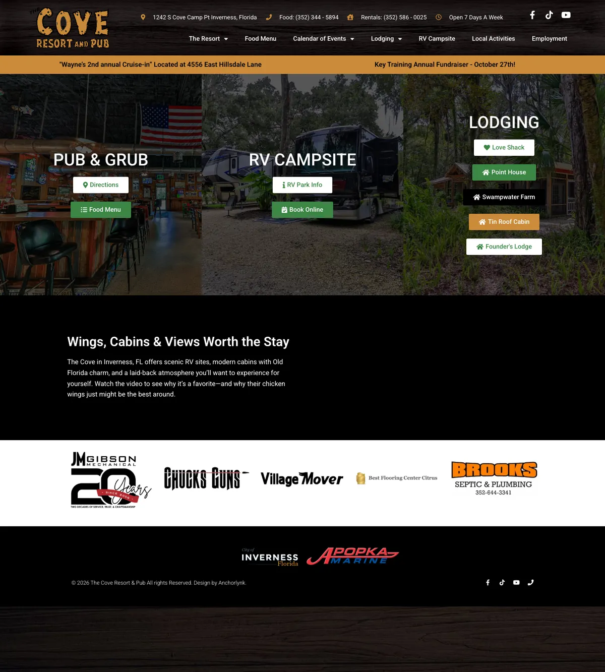 Screenshot of the The Cove Resort & Pub website designed by Anchorlynk