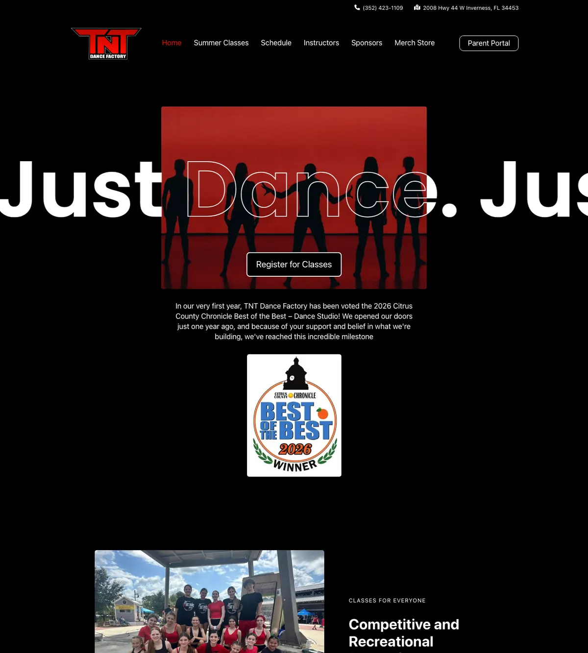 Screenshot of the TNT Dance Factory website designed by Anchorlynk